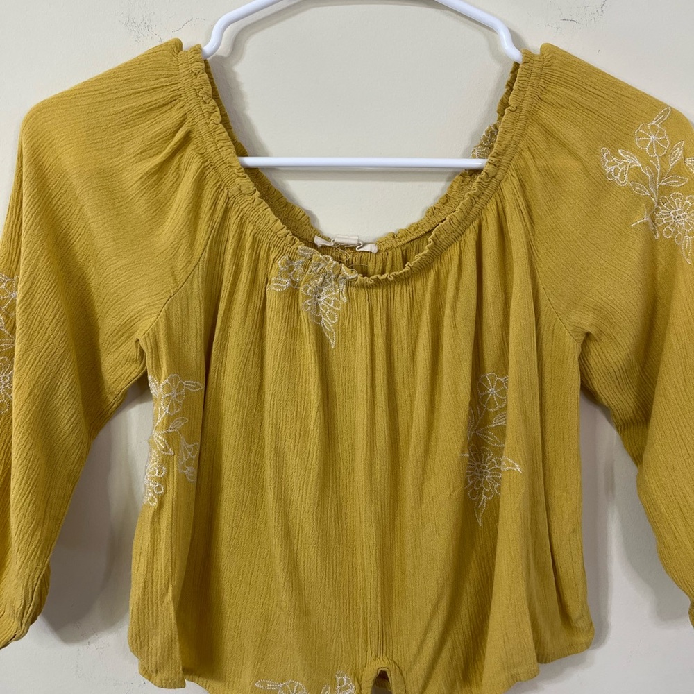 Rebellion Mustard White Flower Embroidered Off The Shoulder Cropped Front Tie S - Picture 3 of 8